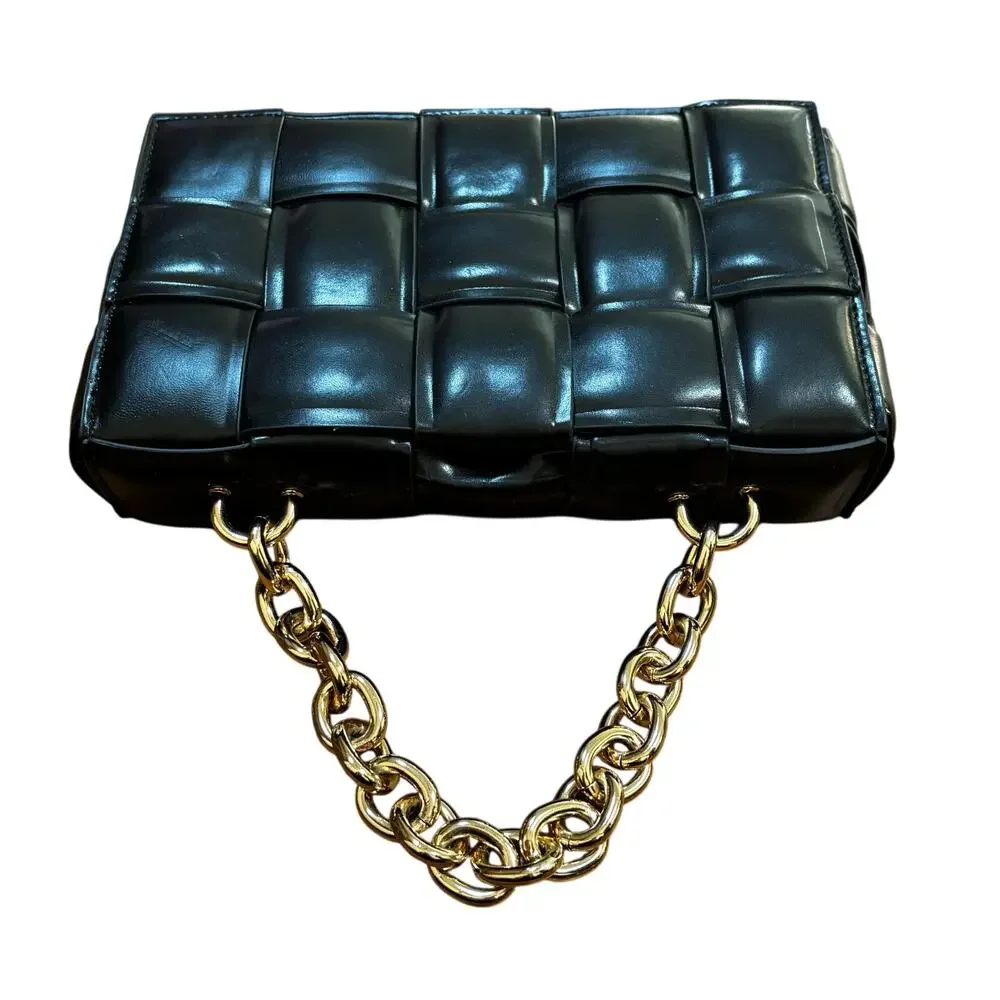 Black faux leather quilted puffy purse chunky gold chain top handle satchel